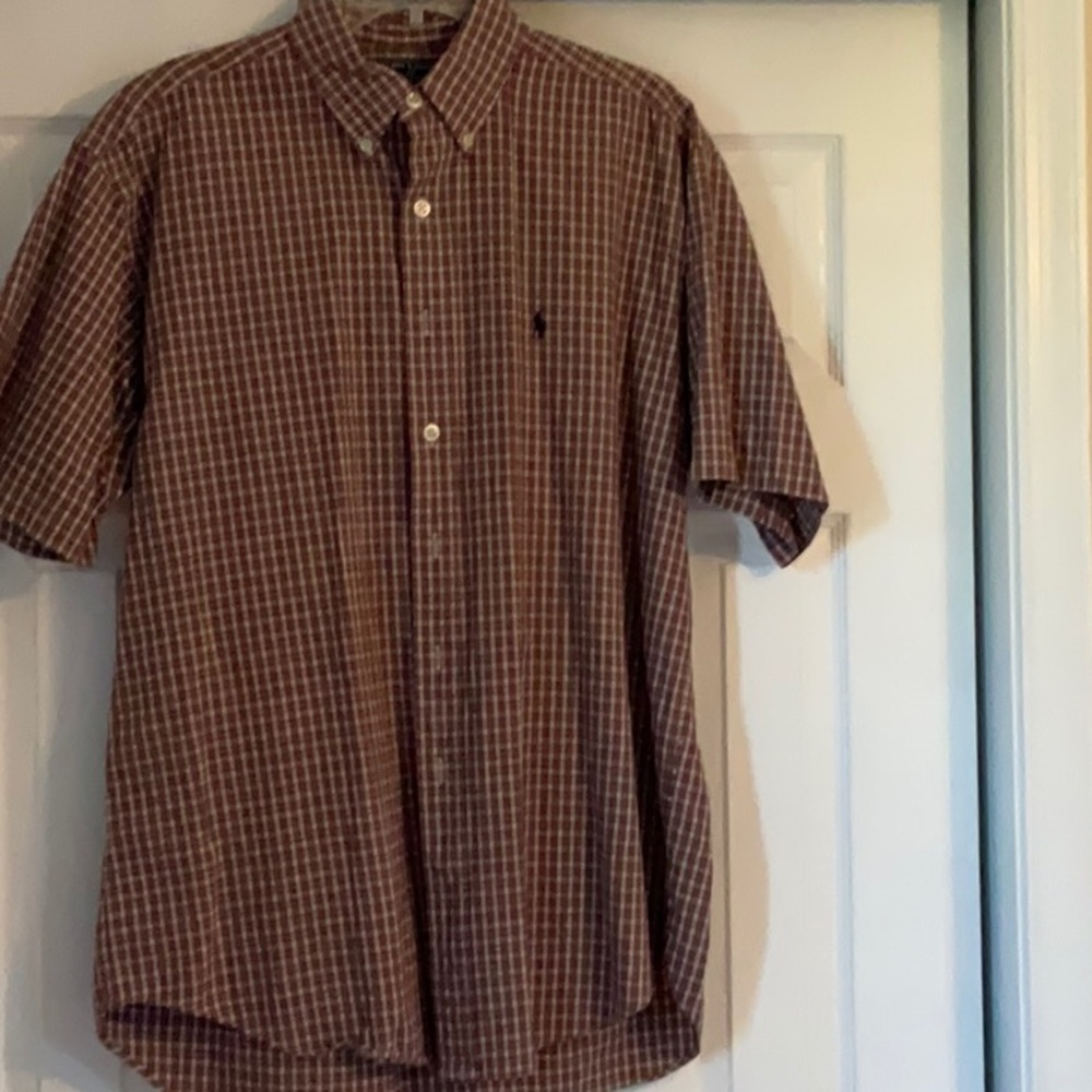 Ralph Lauren Sport men’s button down short sleeve shirt, size large, red plaid